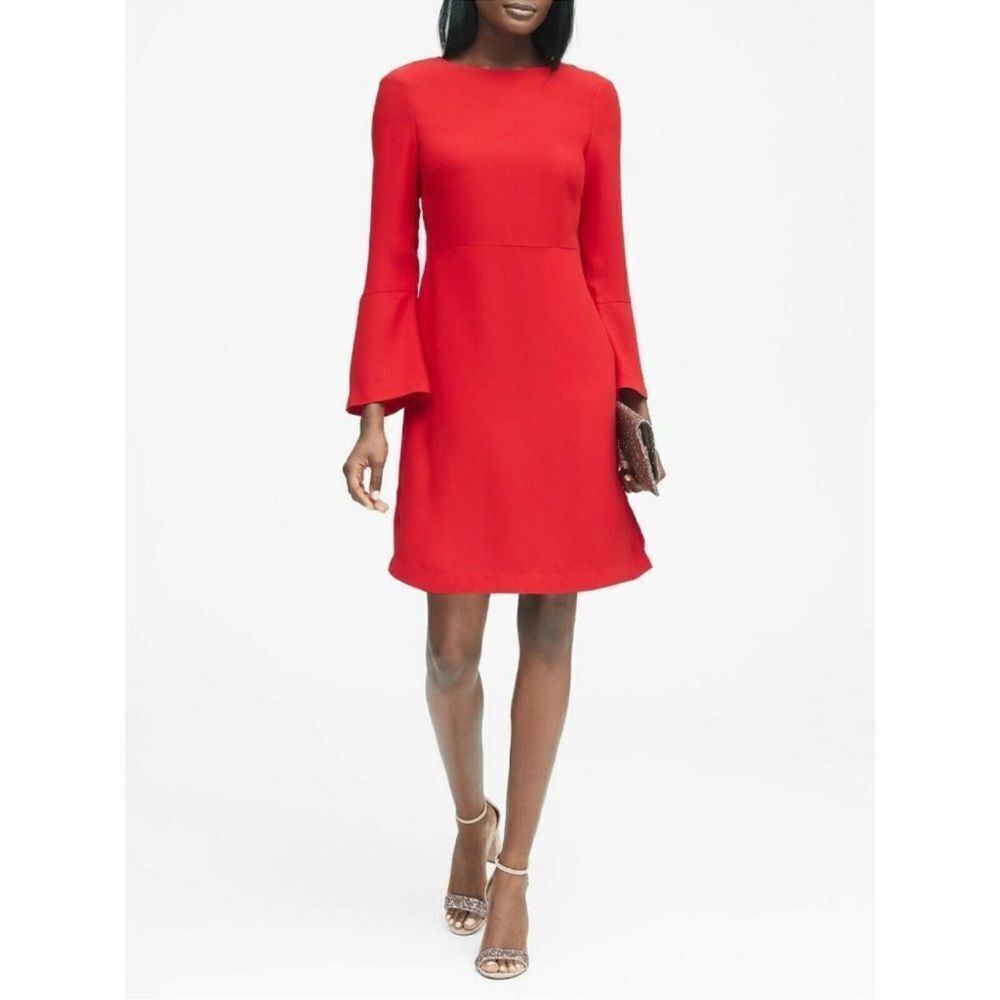 Banana Republic Red Long Bell Sleeve Mini Dress Tie Open Back Size 0 Classic